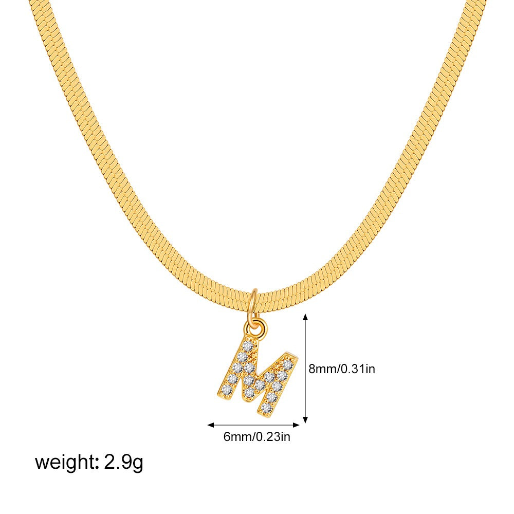 18K Gold Minimalist Glam Herringbone Chain Initial Dainty Necklace