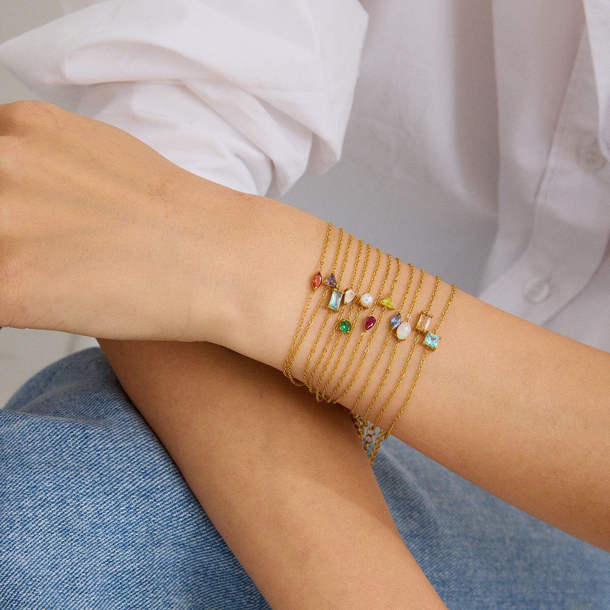 18K Gold Color Birthstone Dainty Chain Bracelet