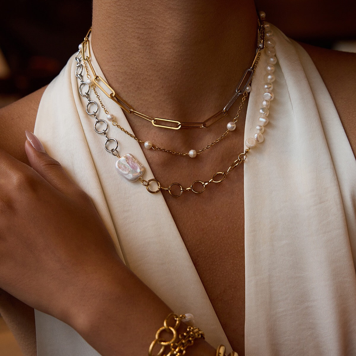 18K Gold Two Tone Chunky Beaded Pearl Paperclip Chain Layered Necklace Set