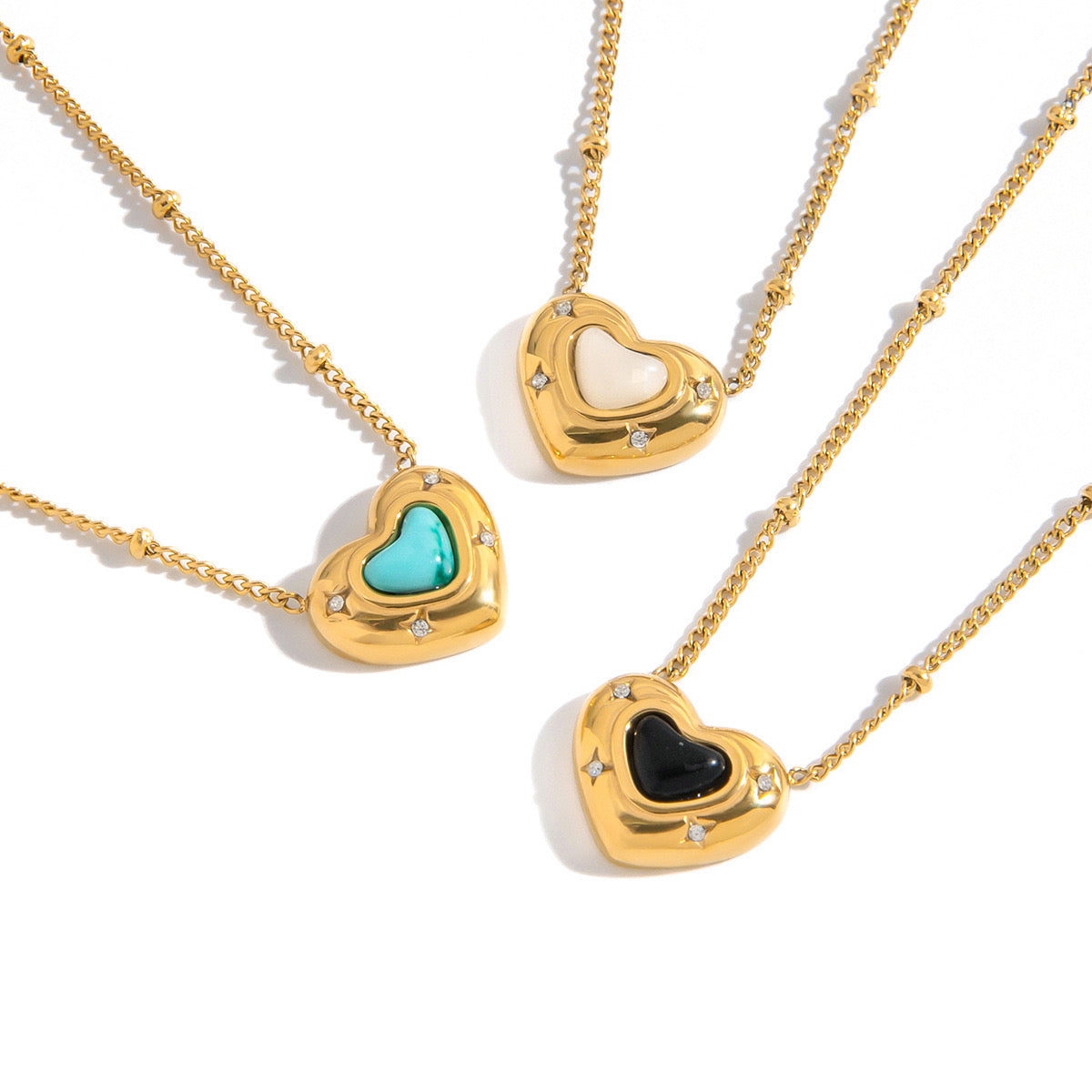 18K Gold Natural Stone Stars Adorned Dainty Heart Pendant Necklace