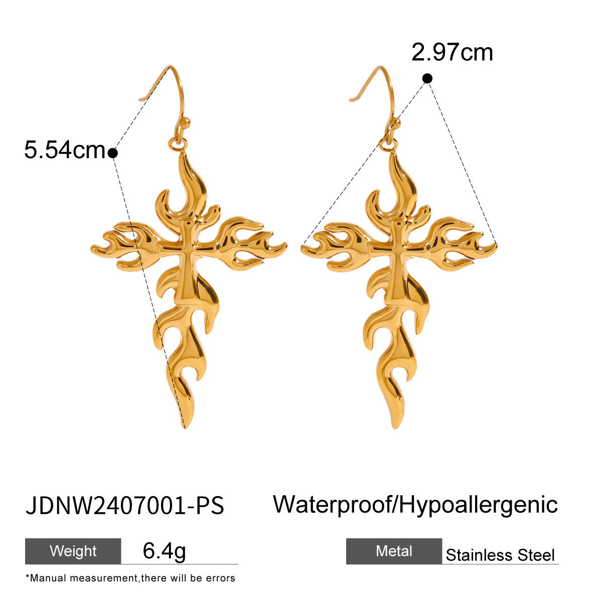 18K Gold Fire Cross Pendant Paperclip Chain Statement Necklace