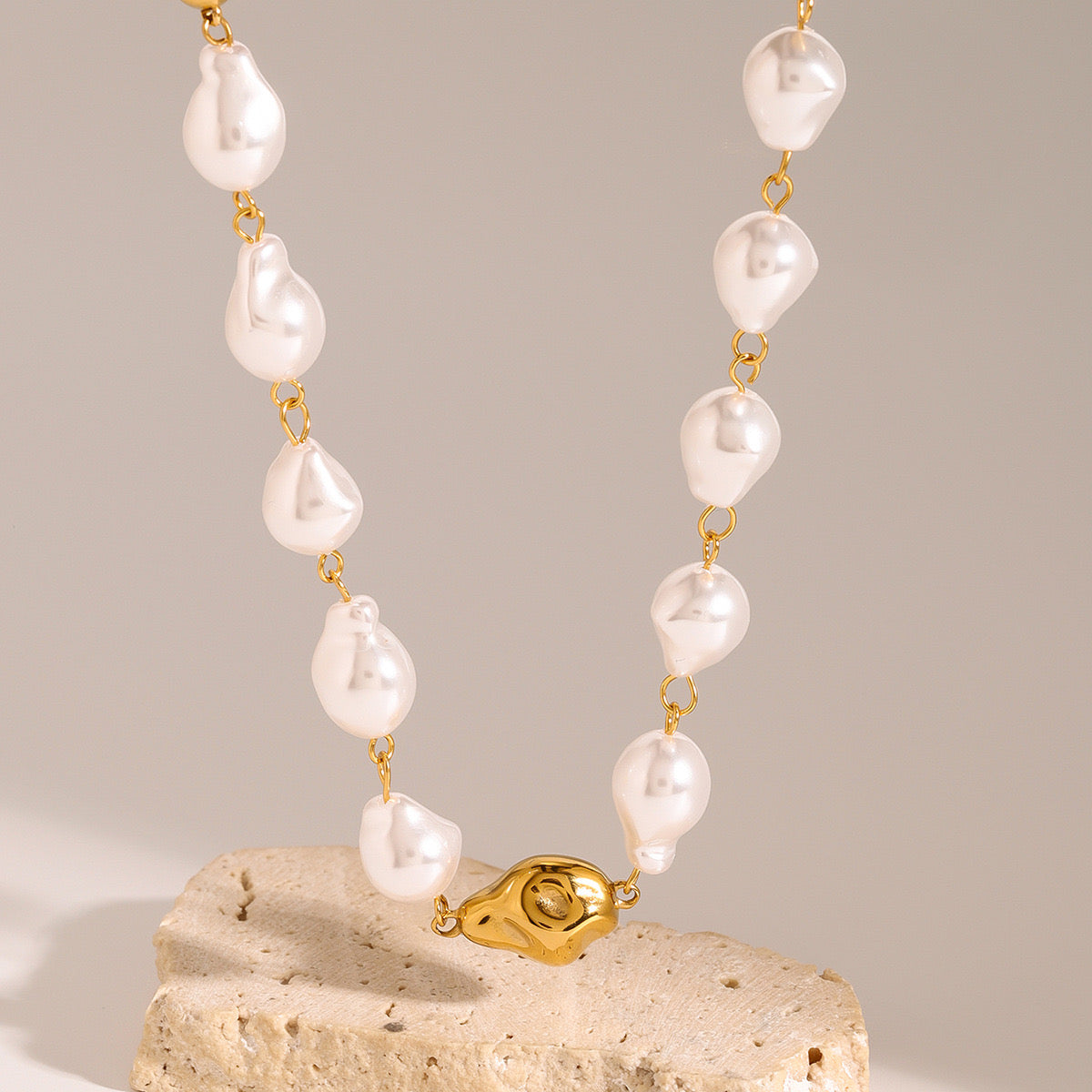 18K Gold Chunky Baroque Pearl Ball Chain Beaded Statement Necklace