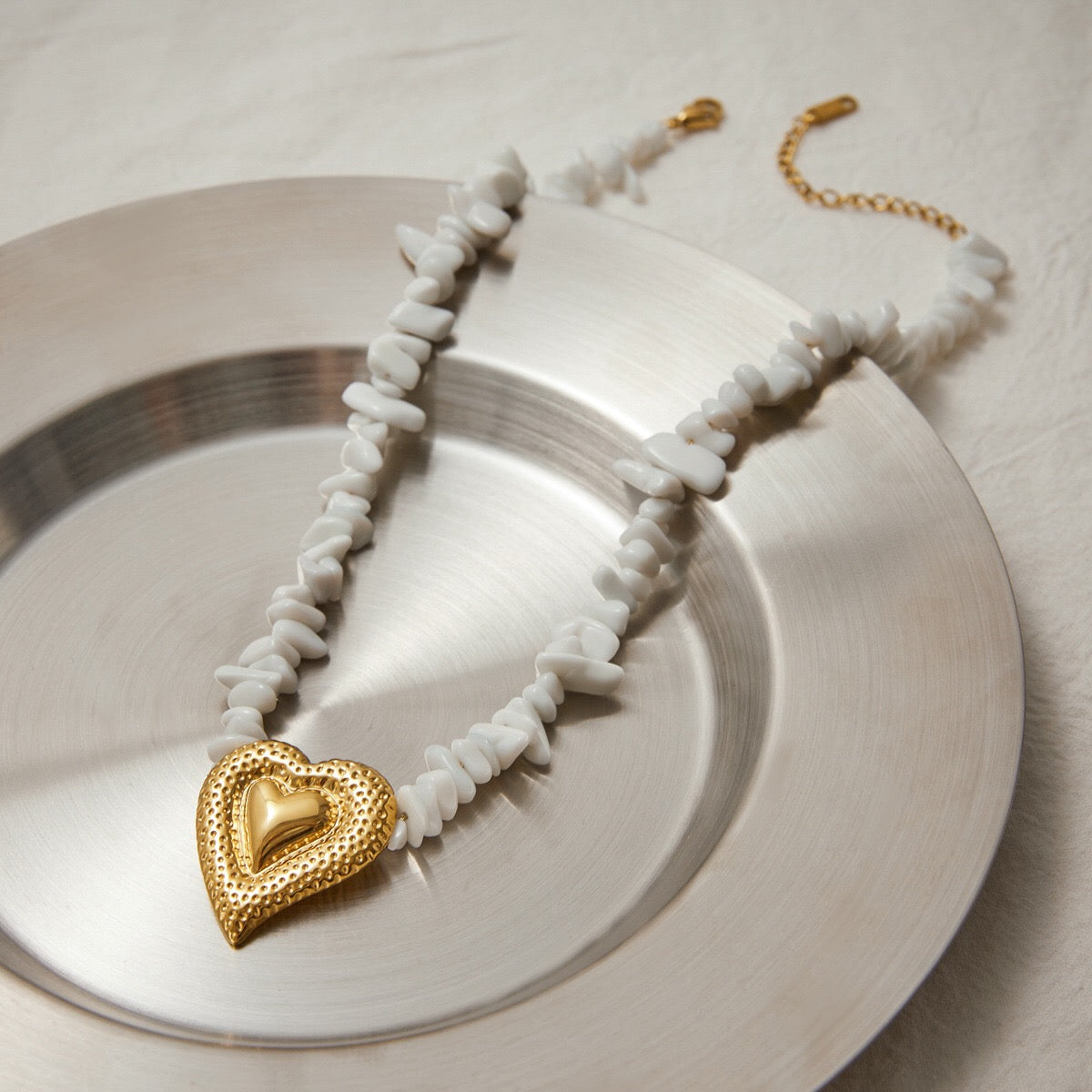 18K Gold Heart Pendant Puka Shell Statement Choker Necklace