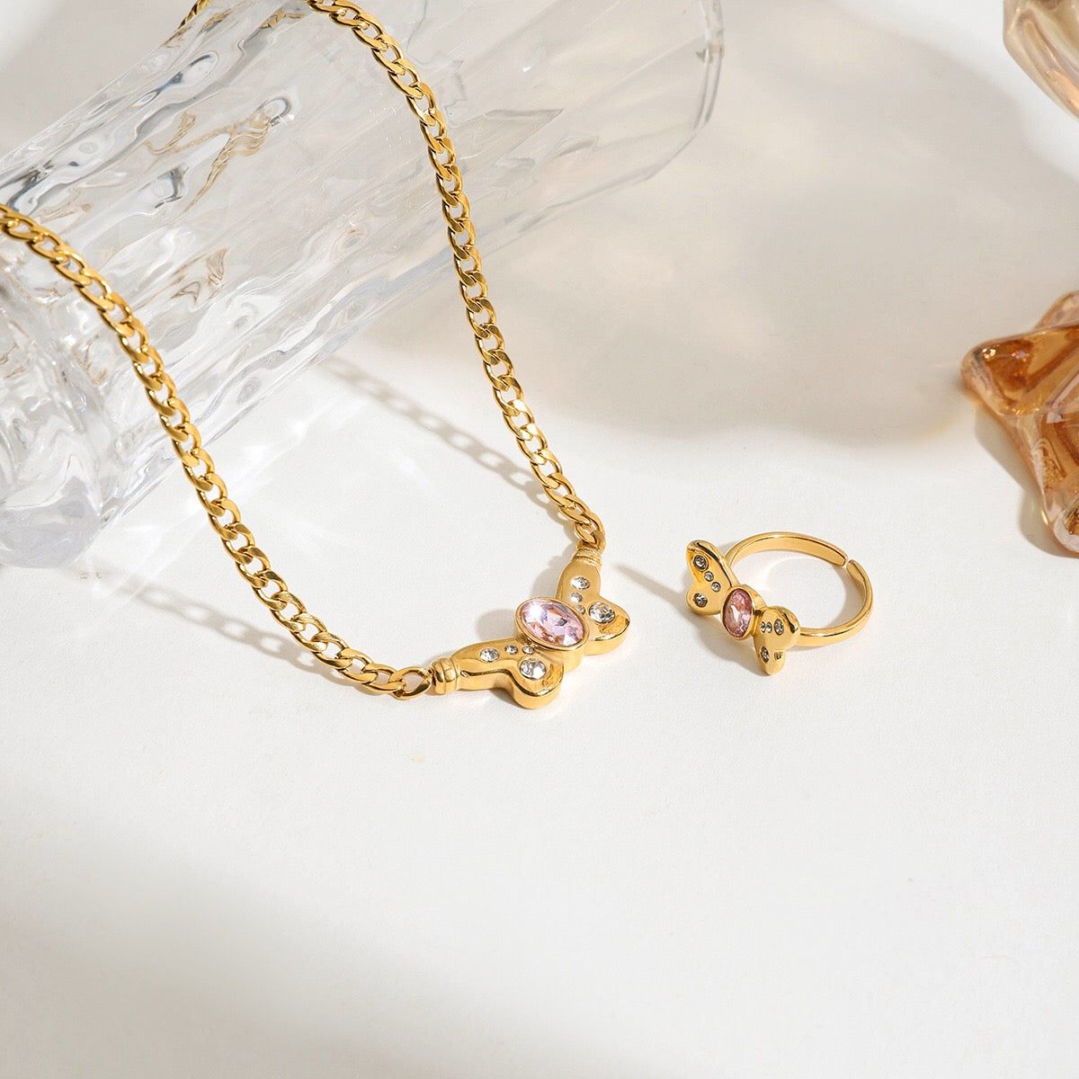 18K Gold Pink Butterfly Curb Chain Necklace