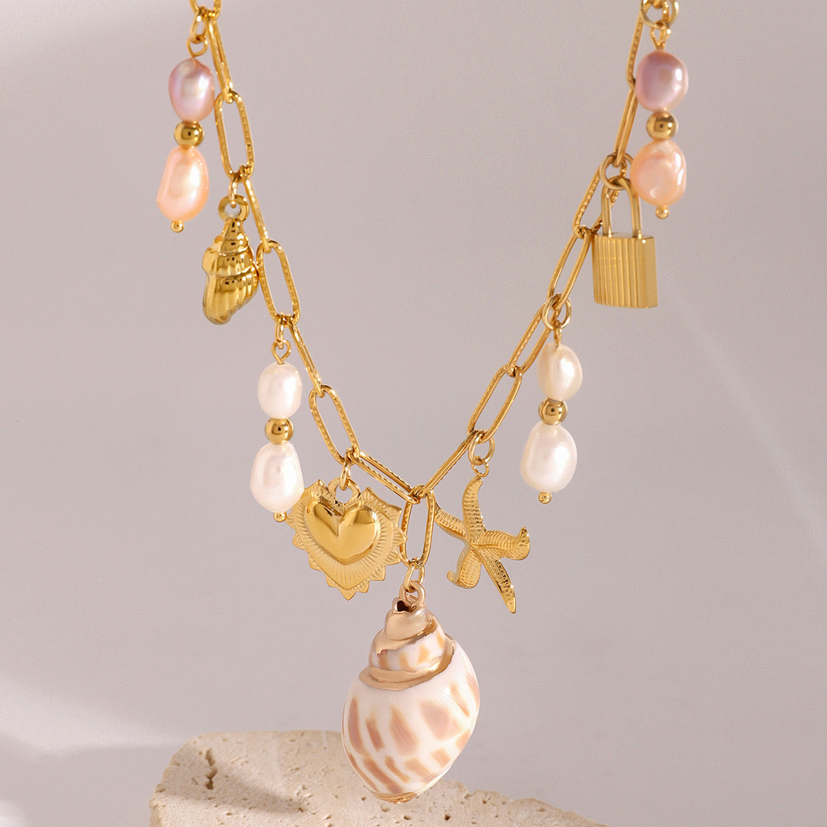 18K Gold Summer Seashell Pearl Statement Charm Necklace