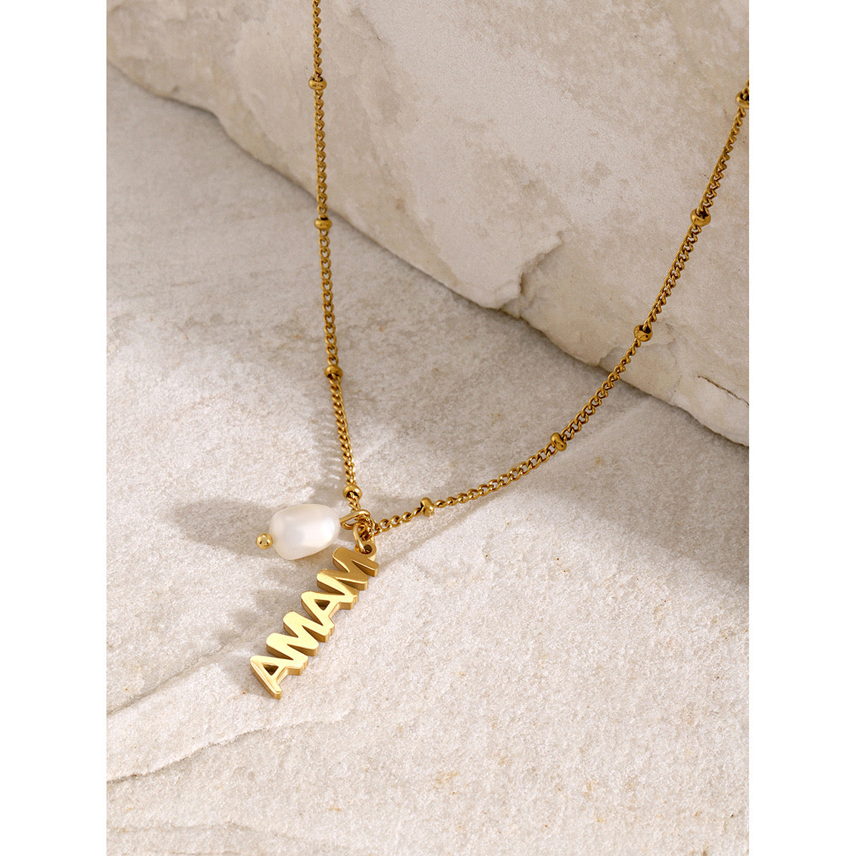 18K Gold MAMA Pearl Charm Pendant Necklace