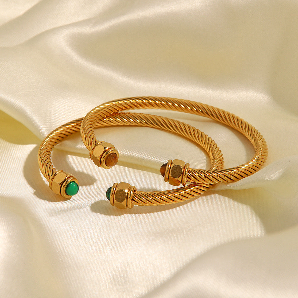 18K Gold Natural Stone Twisted Ribbed Cuff Bangle Bracelet