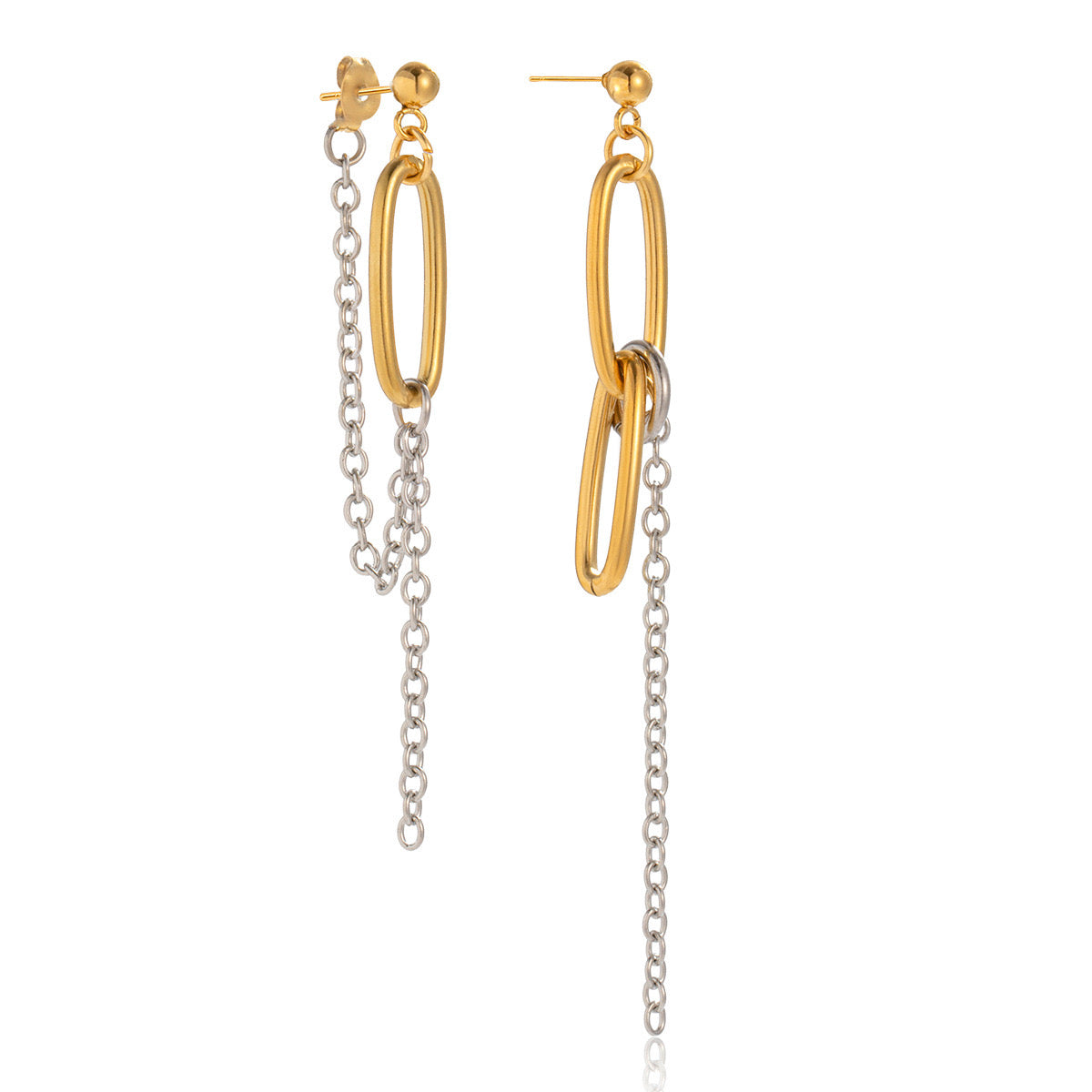 18K Gold and Silver Two Tone Paperclip Chain Mismatched Dangle Drop Stud Earrings