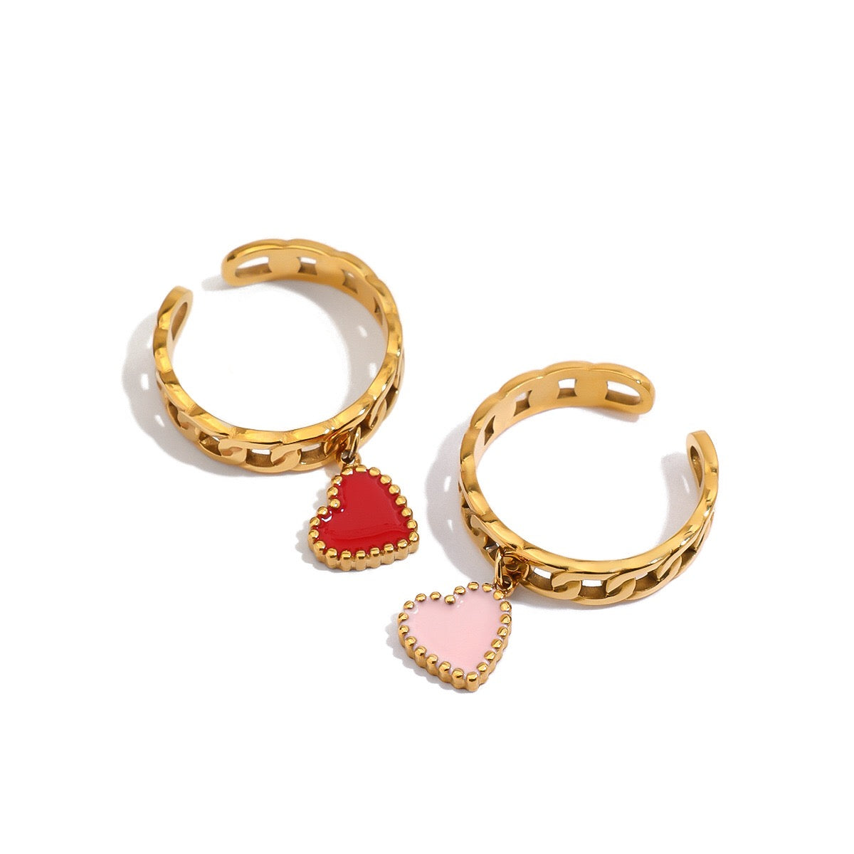 18K Gold Heart Palm Tree Charm Chain Band Ring