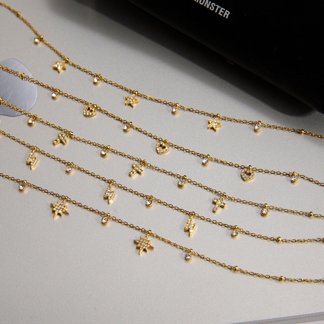 18K Gold Tempting Shimmer Heart Star Dainty Chain Necklace