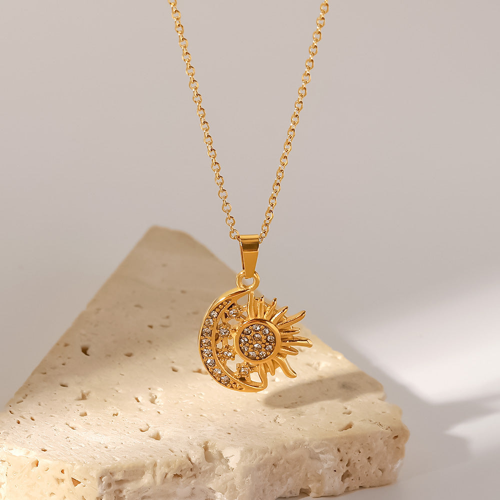 18K Gold Celestial Moon and Sun Pendant Necklace