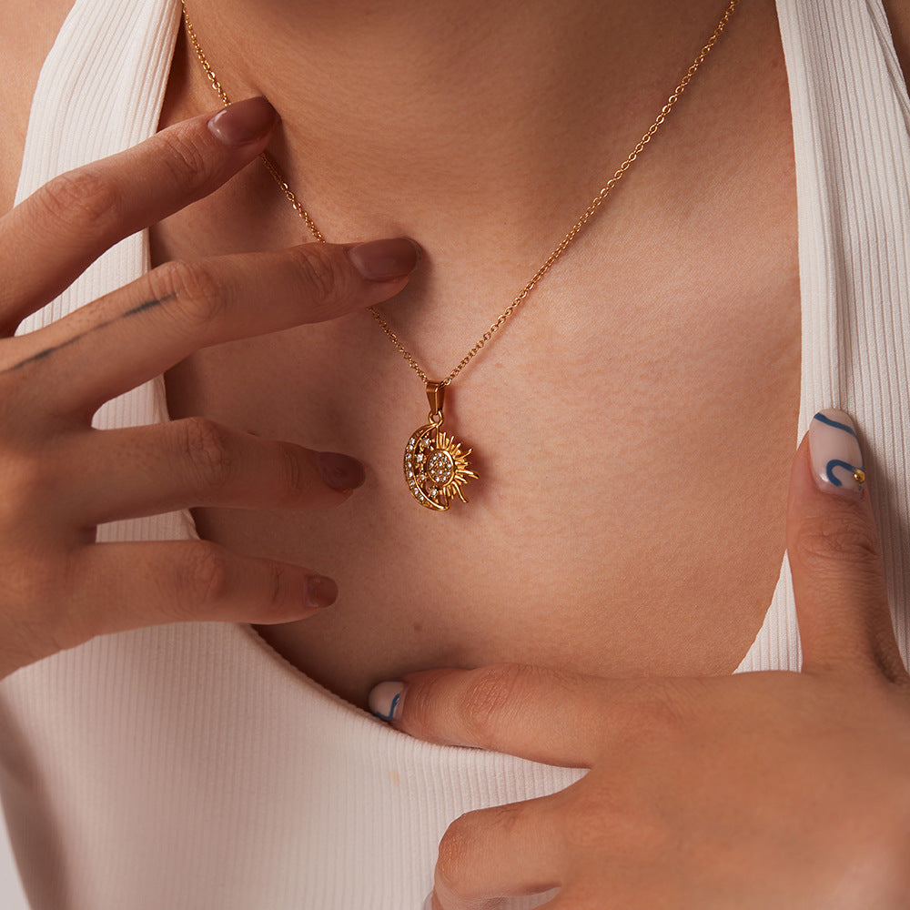 18K Gold Celestial Moon and Sun Pendant Necklace