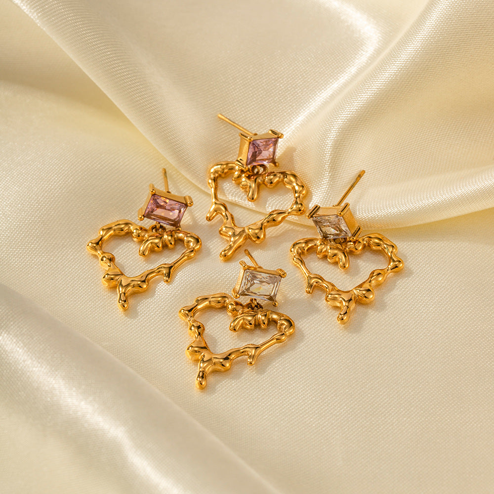 18K Gold Burning Heart Dangle Earrings