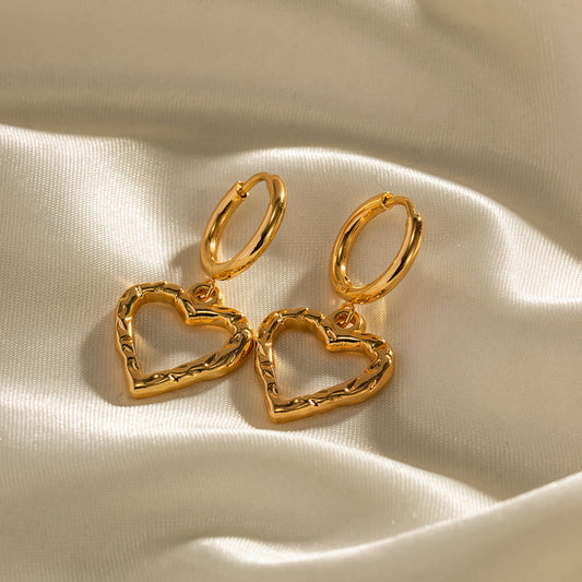 18K Gold Heart Dangle Huggie Earrings