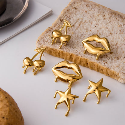 18K Gold Golden Drip Cherry Lips Star Statement Stud Earrings