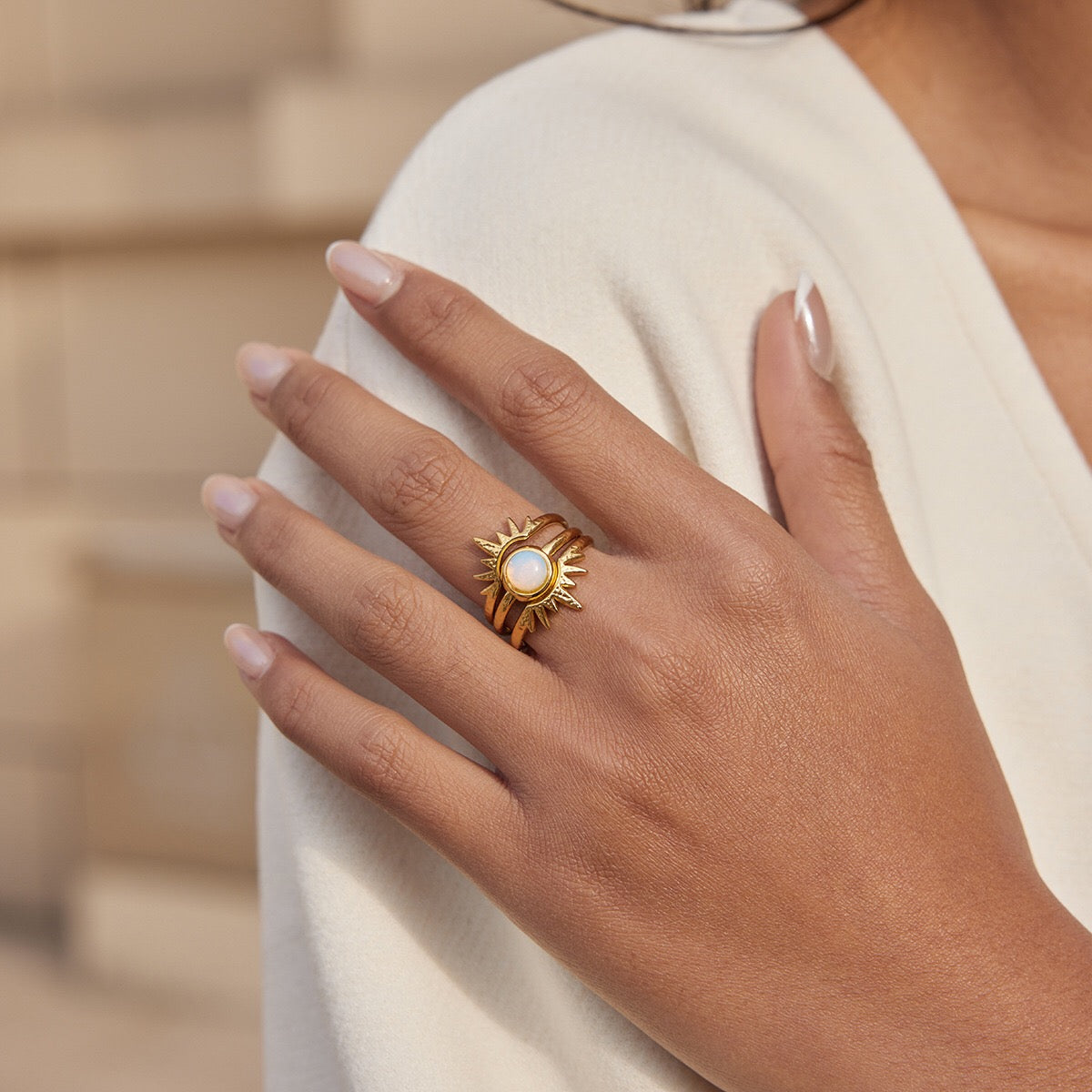18K Gold Solar Kiss Sunburst Opal Statement Stacking Rings