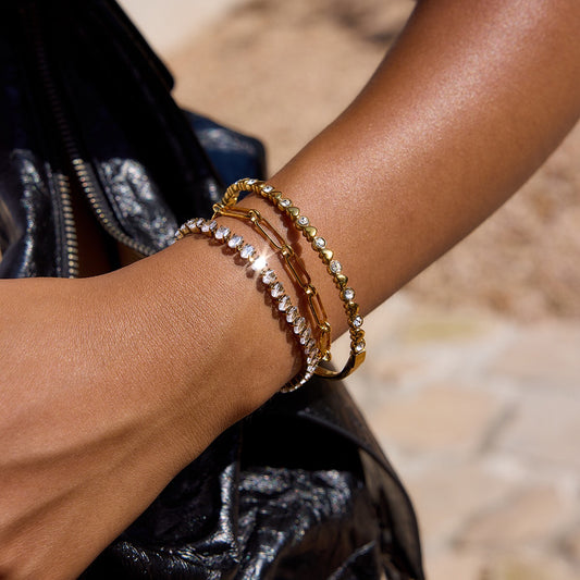 18K Gold Extra Bling Paperclip Chain Bangle Tennis Bracelet Stack
