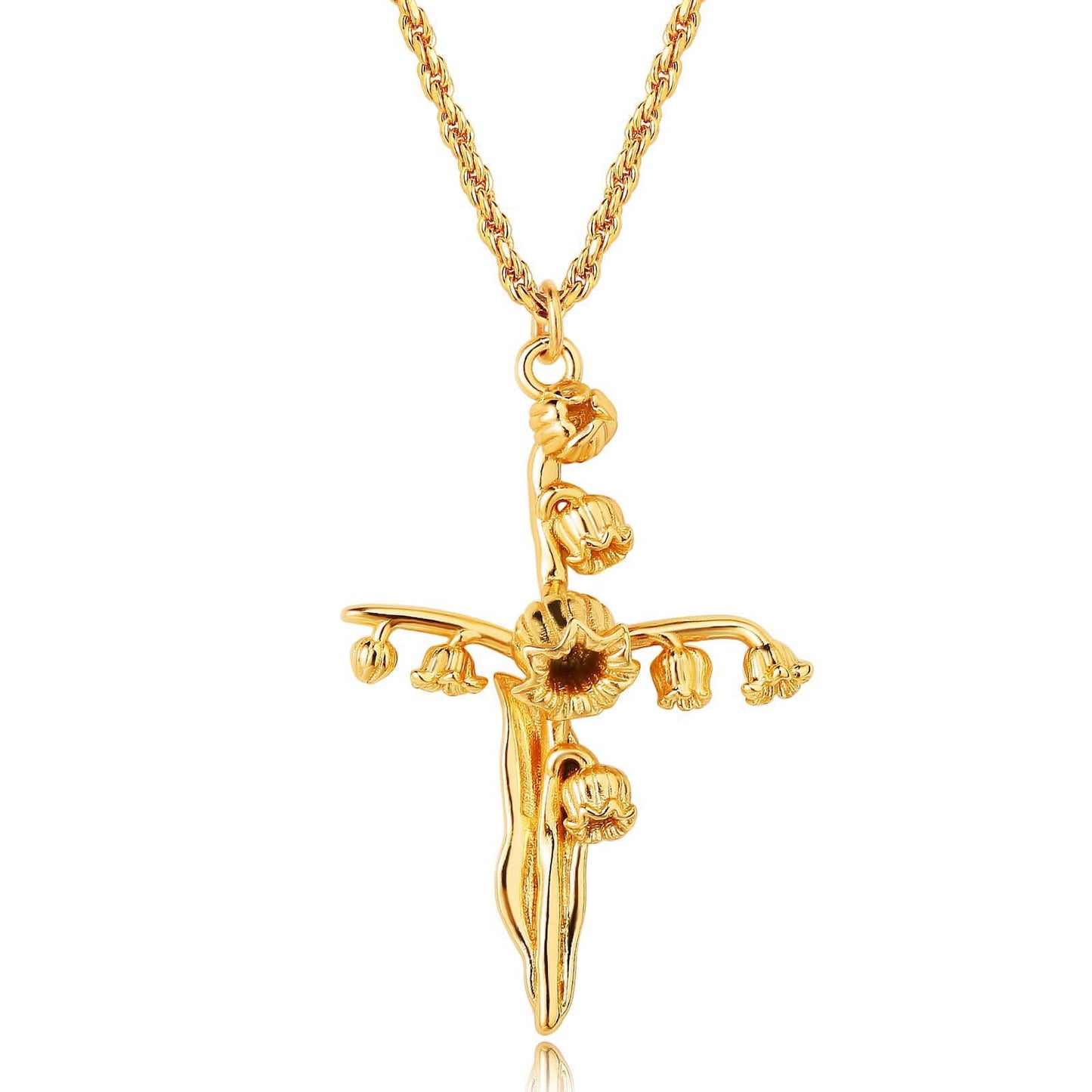 18K Gold Birth Flower Cross Pendant Necklace