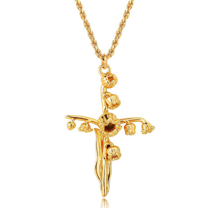 18K Gold Birth Flower Cross Pendant Necklace