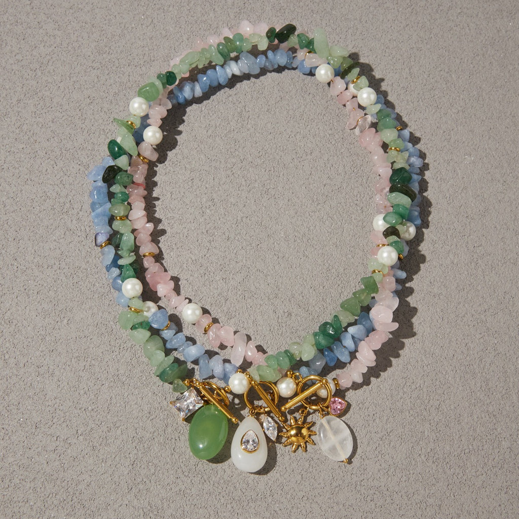 18K Gold Island Charm Natural Stone Beaded Necklace