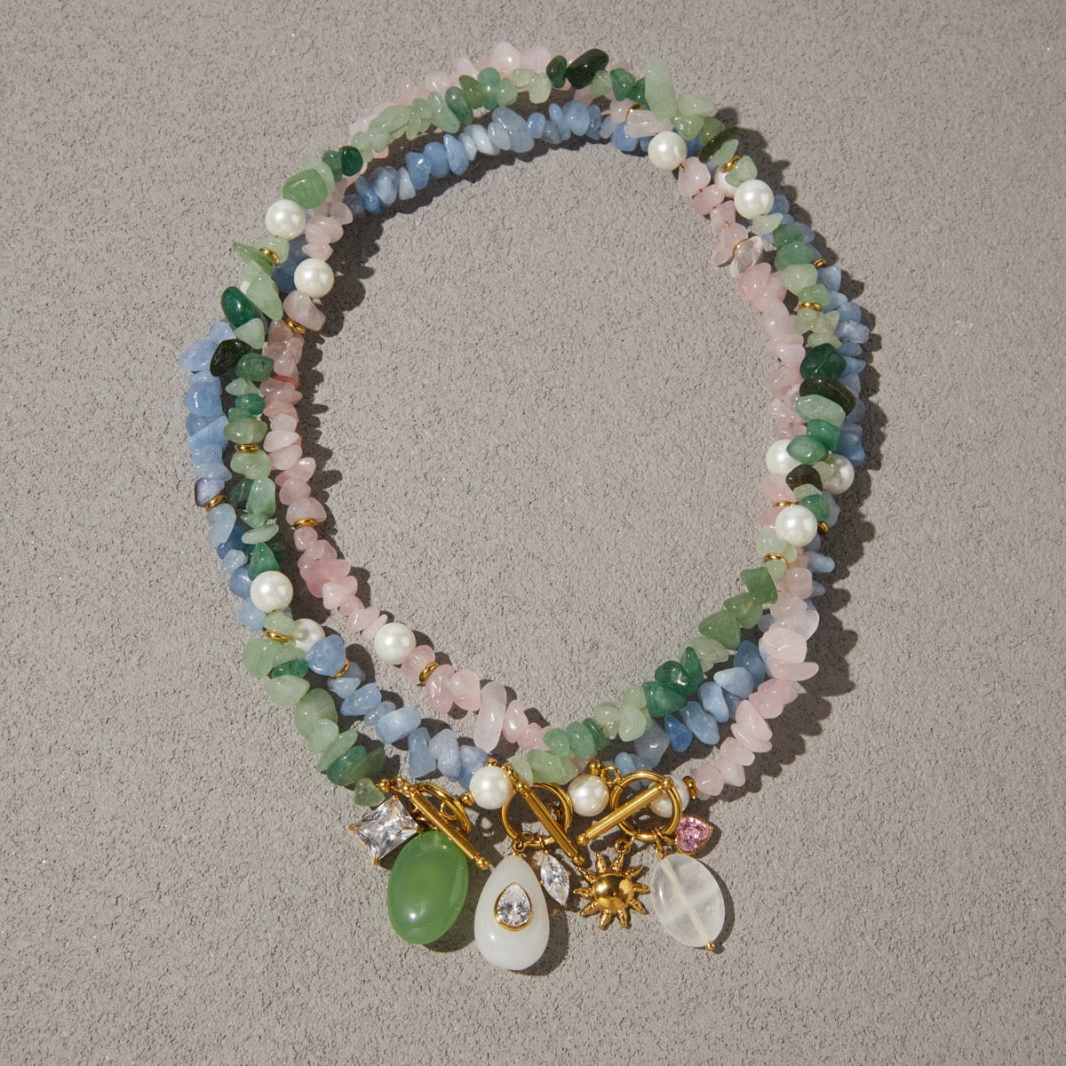 18K Gold Island Charm Natural Stone Beaded Necklace
