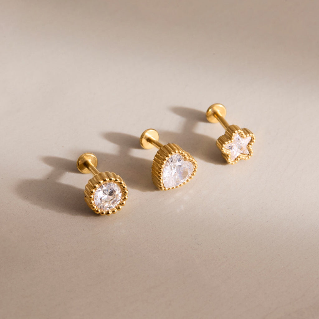 18K GoldLucky Charms Star Heart Flat Back Stud Nap Earrings Set