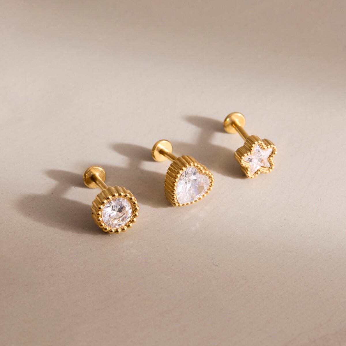 18K GoldLucky Charms Star Heart Flat Back Stud Nap Earrings Set