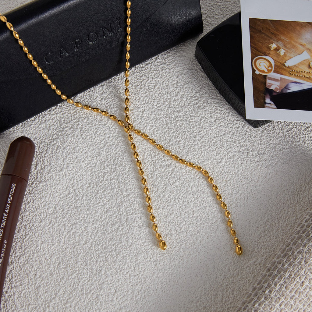 18K Gold Gala Beaded Y Shape Lariat Chain Necklace