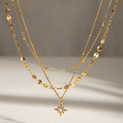 18K Gold Northern Star Pendant Chain Layered Necklace Set