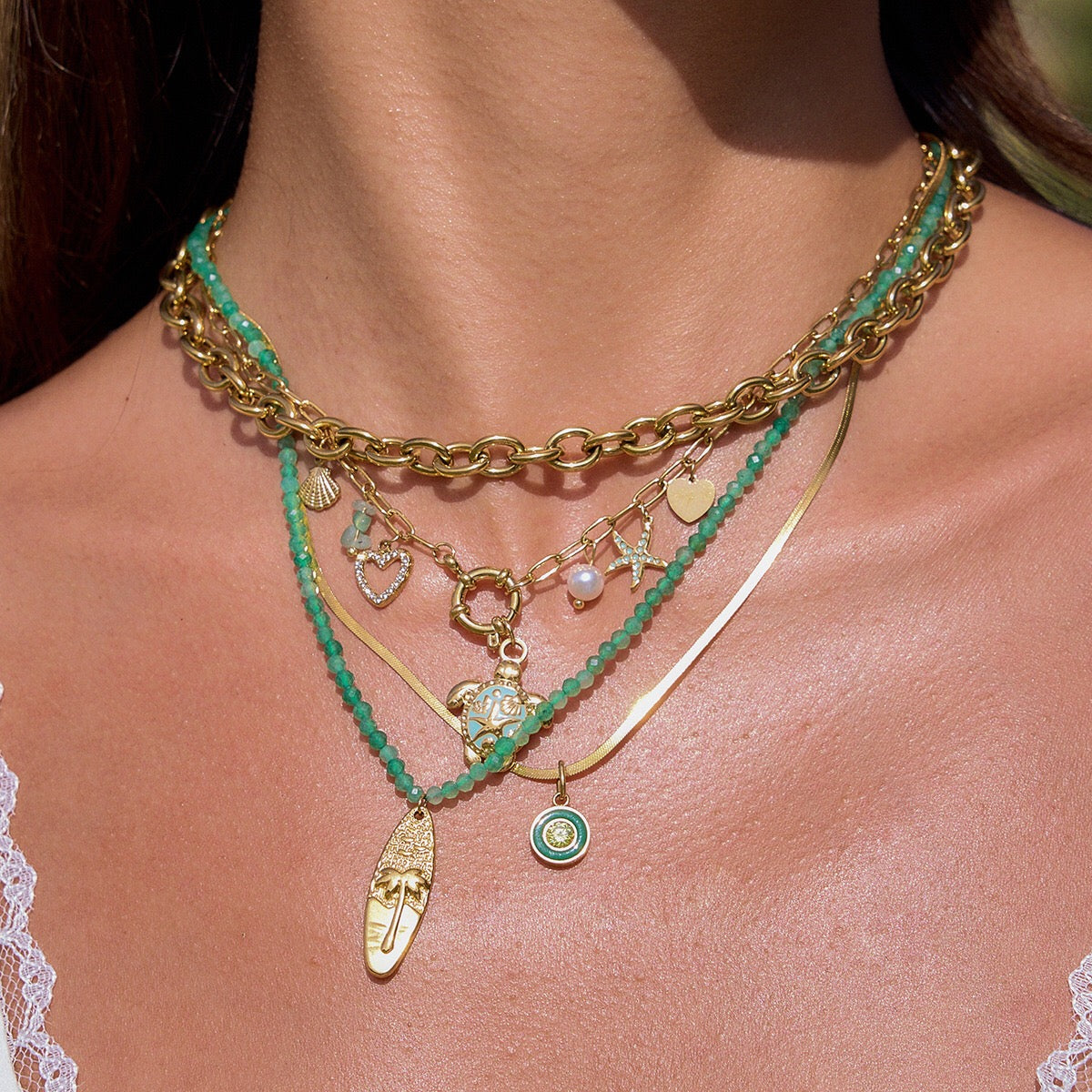 18K Gold Fresh Breeze Green Beaded Pendant Charm Layered Necklace Set