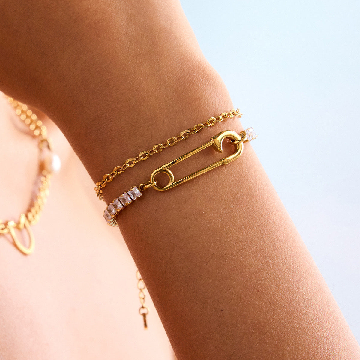 18K Gold Safety Pin Tennis Double Chain Heart Bangle Bracelet Stack