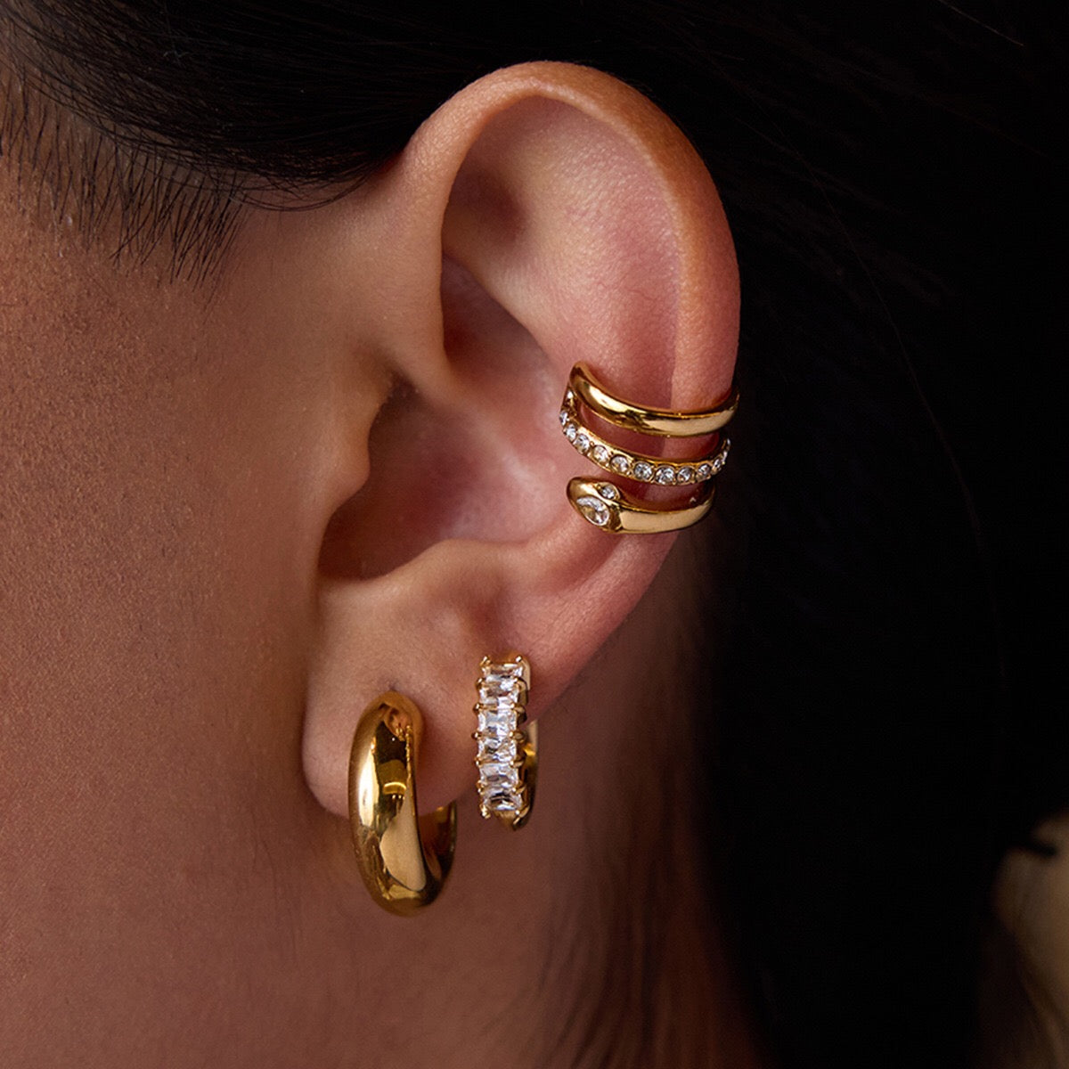 18K Gold Glory Bling Huggie Earrings Ear Cuff Set