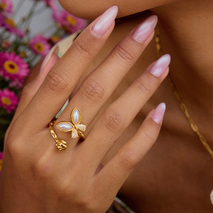 18K Gold Bejeweled Pearl Butterfly Cuff Ring