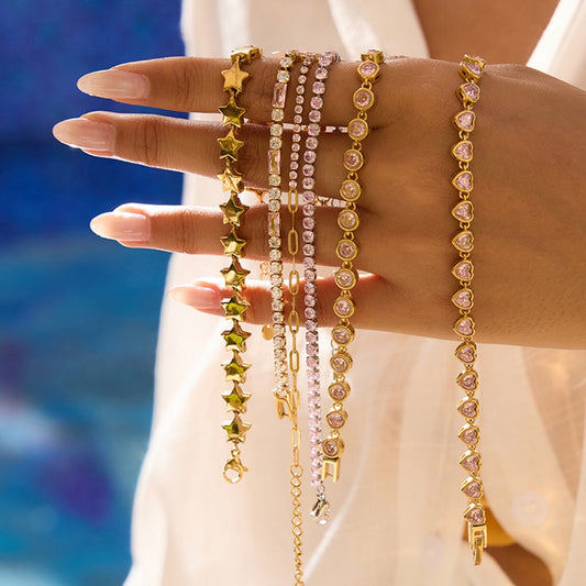 18K Gold Pink Dream Star Tennis Chain Bracelet Stack