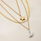 18K Gold Celestial Dream Star Pendant Pearl Moon Herringbone Chain Layered Necklace Set