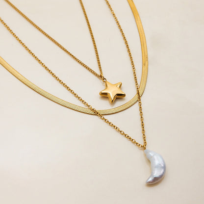 18K Gold Celestial Dream Star Pendant Pearl Moon Herringbone Chain Layered Necklace Set