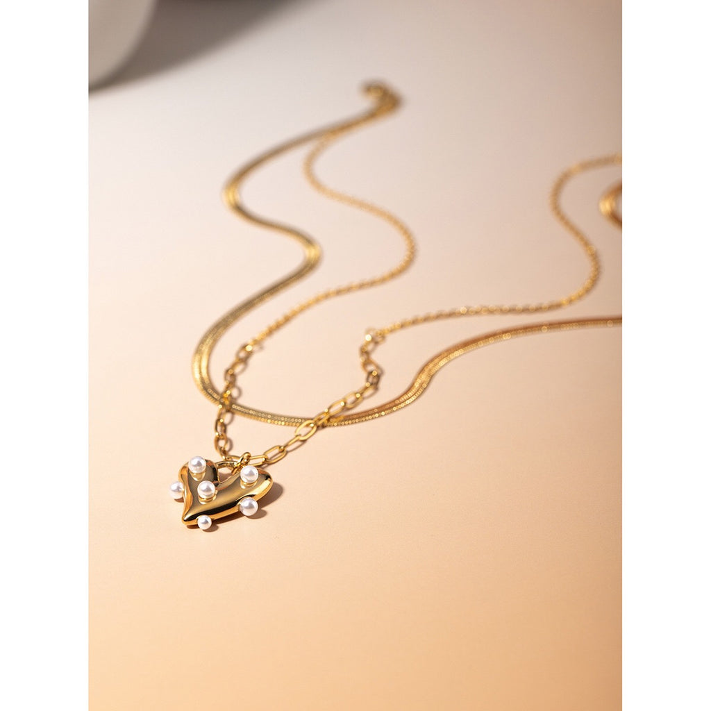 18K Gold Pearl Heart Paperclip Chain Charm Bracelet