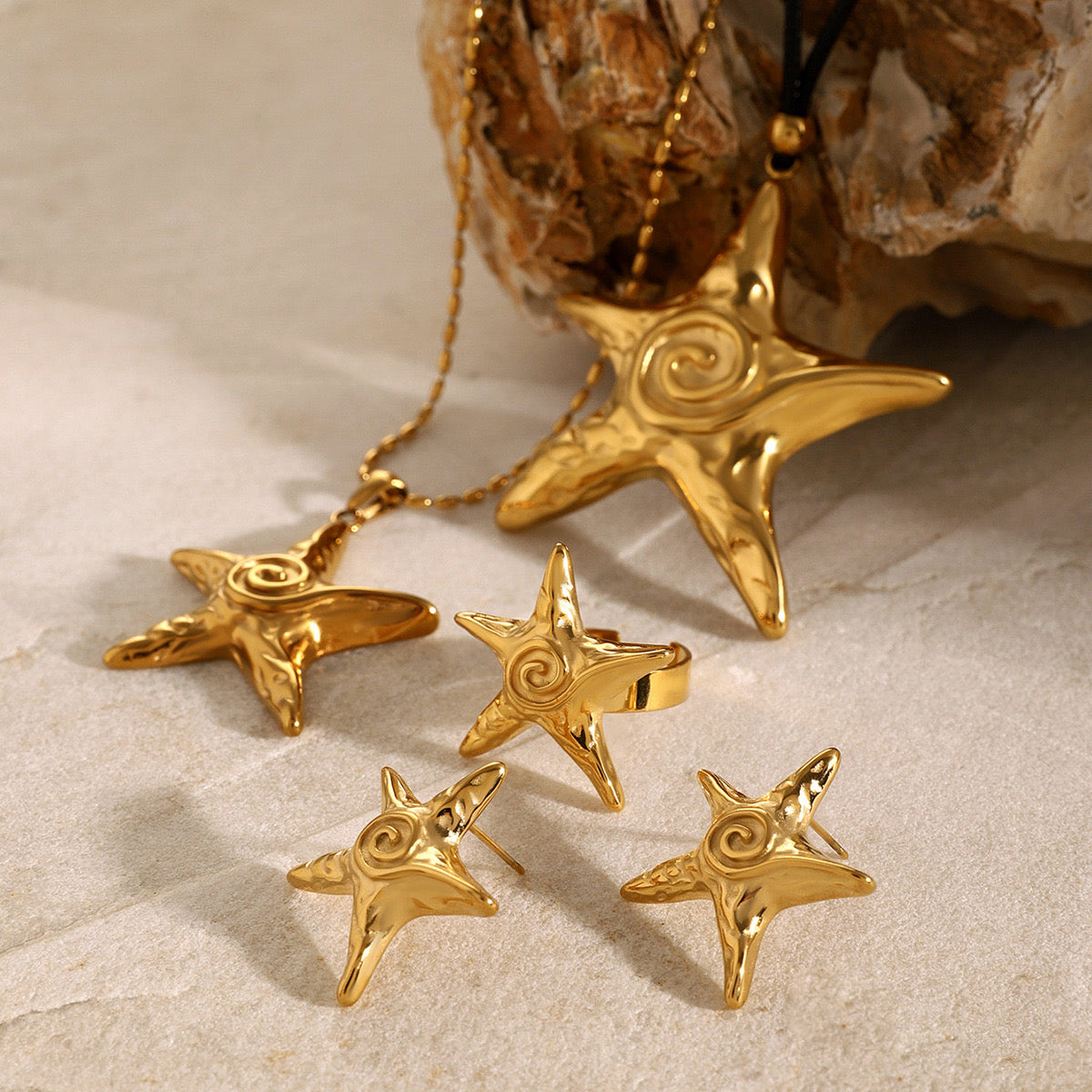 18K Gold Ocean Swirl Starfish Stud Earrings