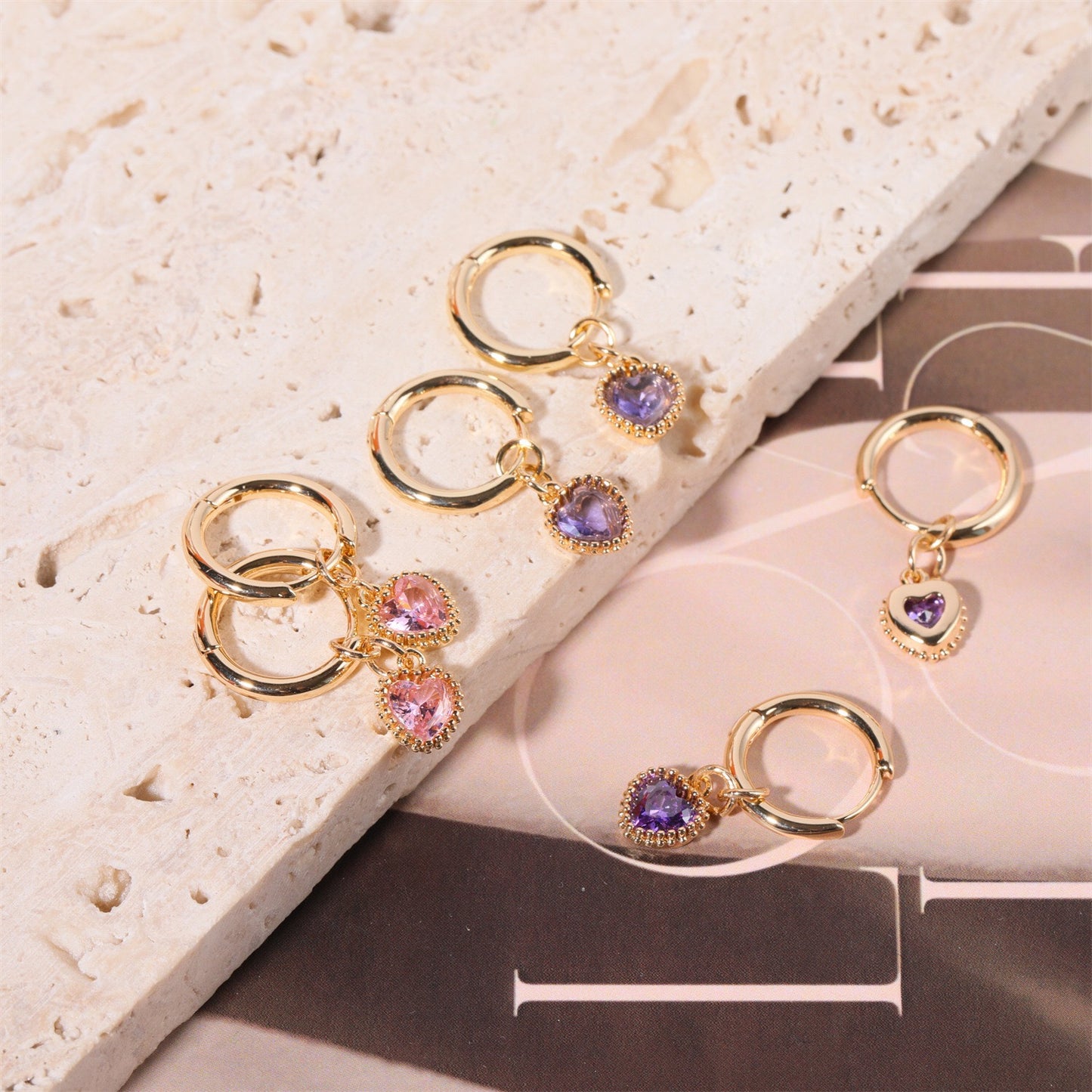 14K Gold Heart Birthstone Huggie Earrings