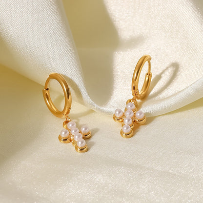 18K Gold Cross Small Hoop Huggie Earrings