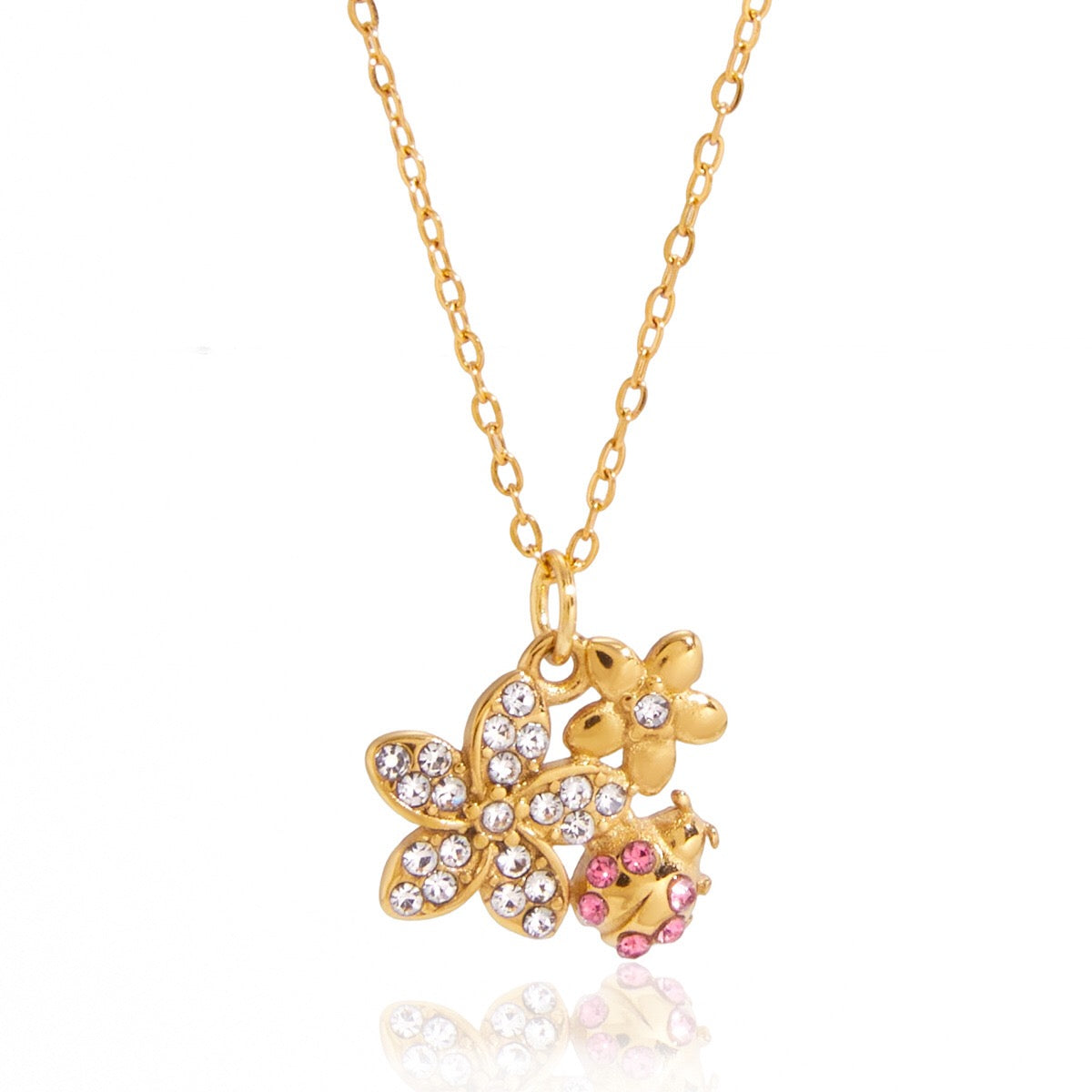 18K Gold Enchanted Garden Pave Dragonfly Ladybug Flower Dainty Pendant Necklace