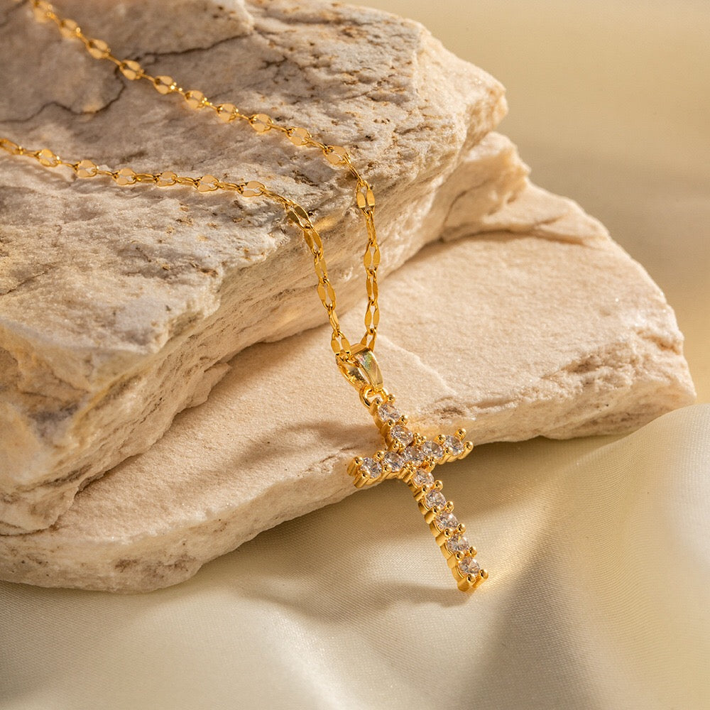 18K Gold Bling Cross CZ Pendant Necklace