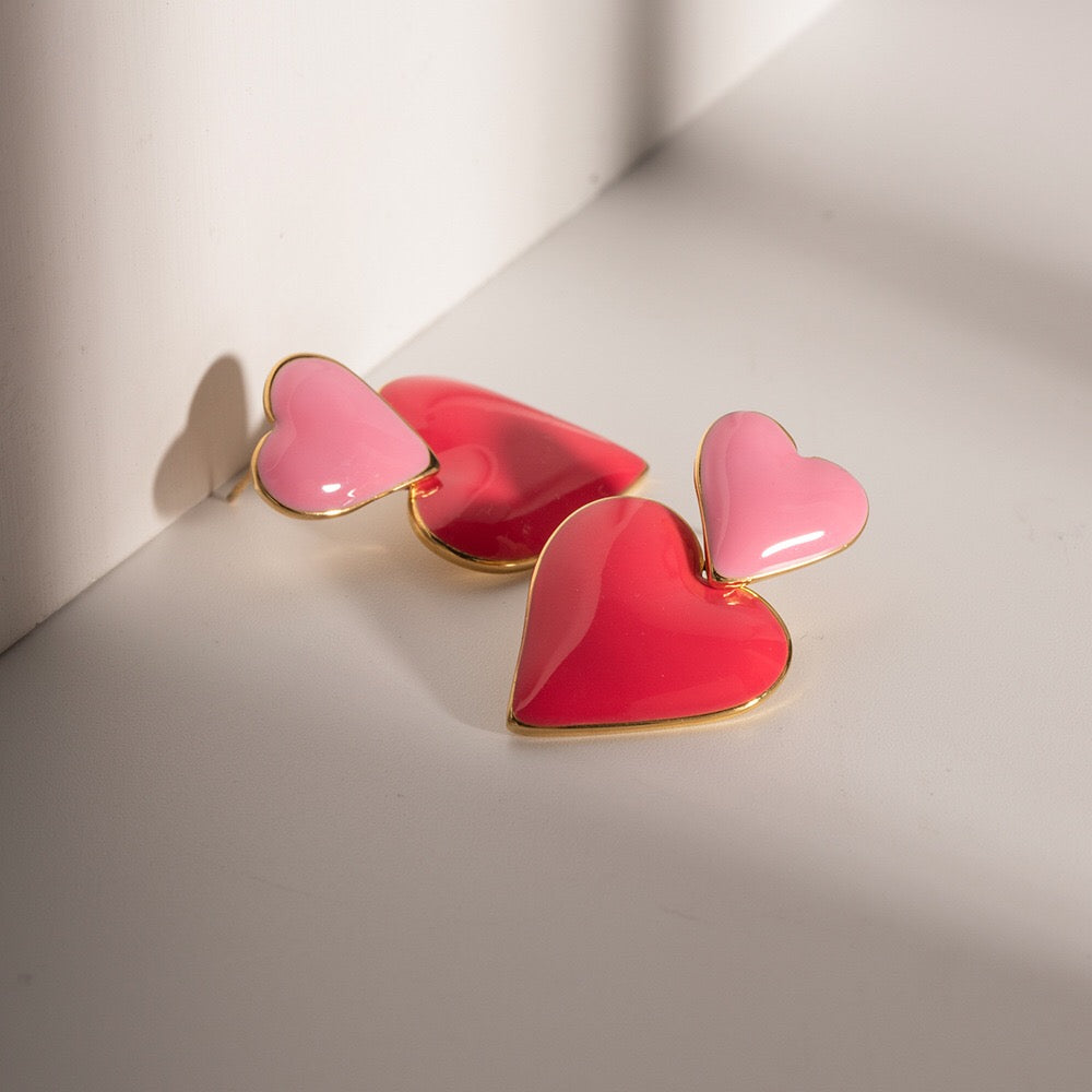 18K Gold Pink Heart Dangle Earrings