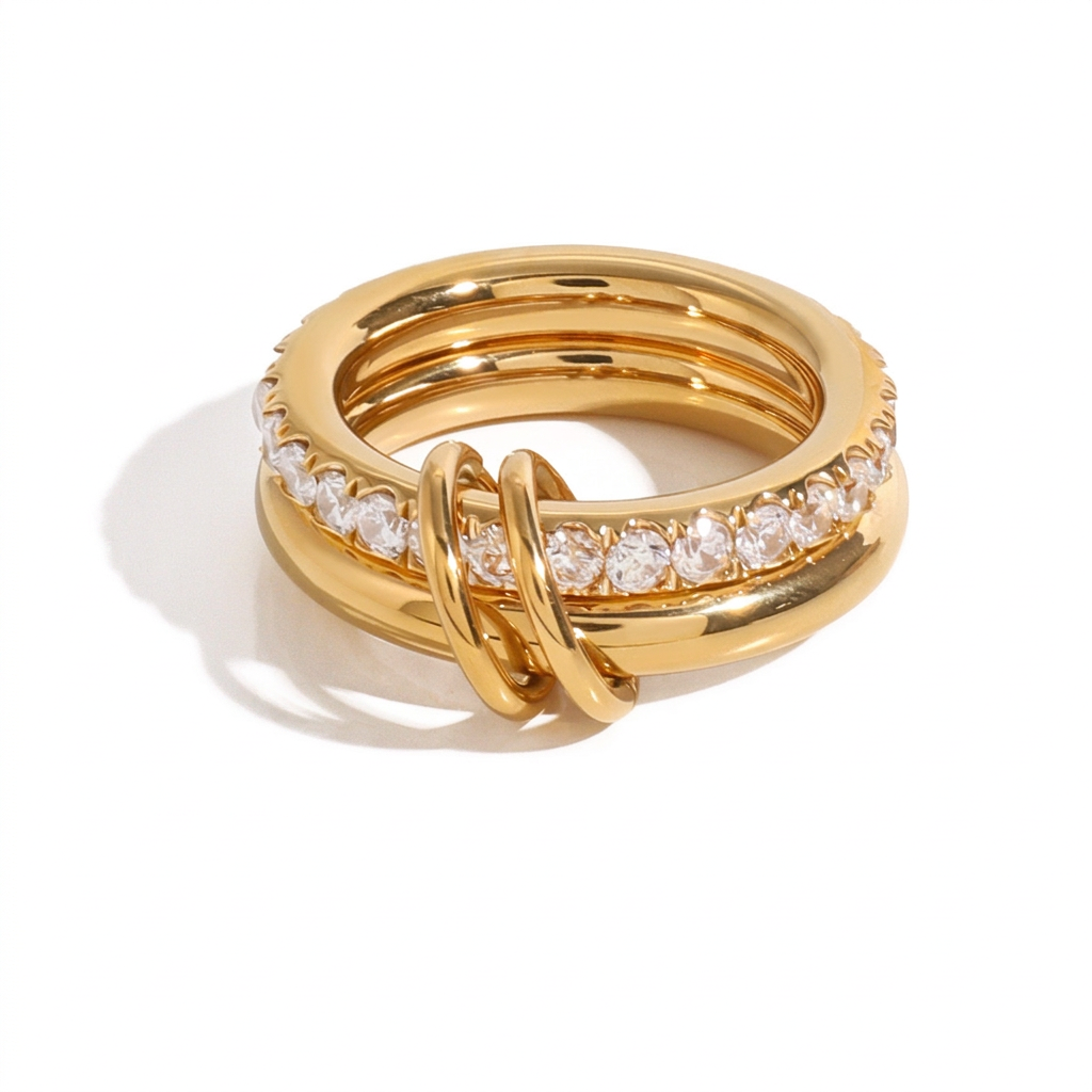 18K Gold Double Link Spinelli Connected Stacking Pave Eternity Ring