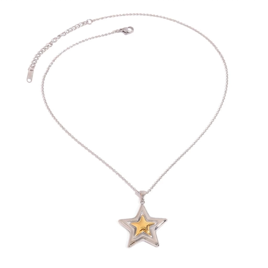 Gold and Silver Two Tone Shiny Star Pendant Necklace & Statement Ring Set