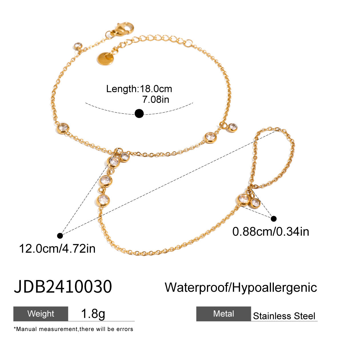 18K Gold Waterproof Trendy Bejeweled Hand Chain Bracelet