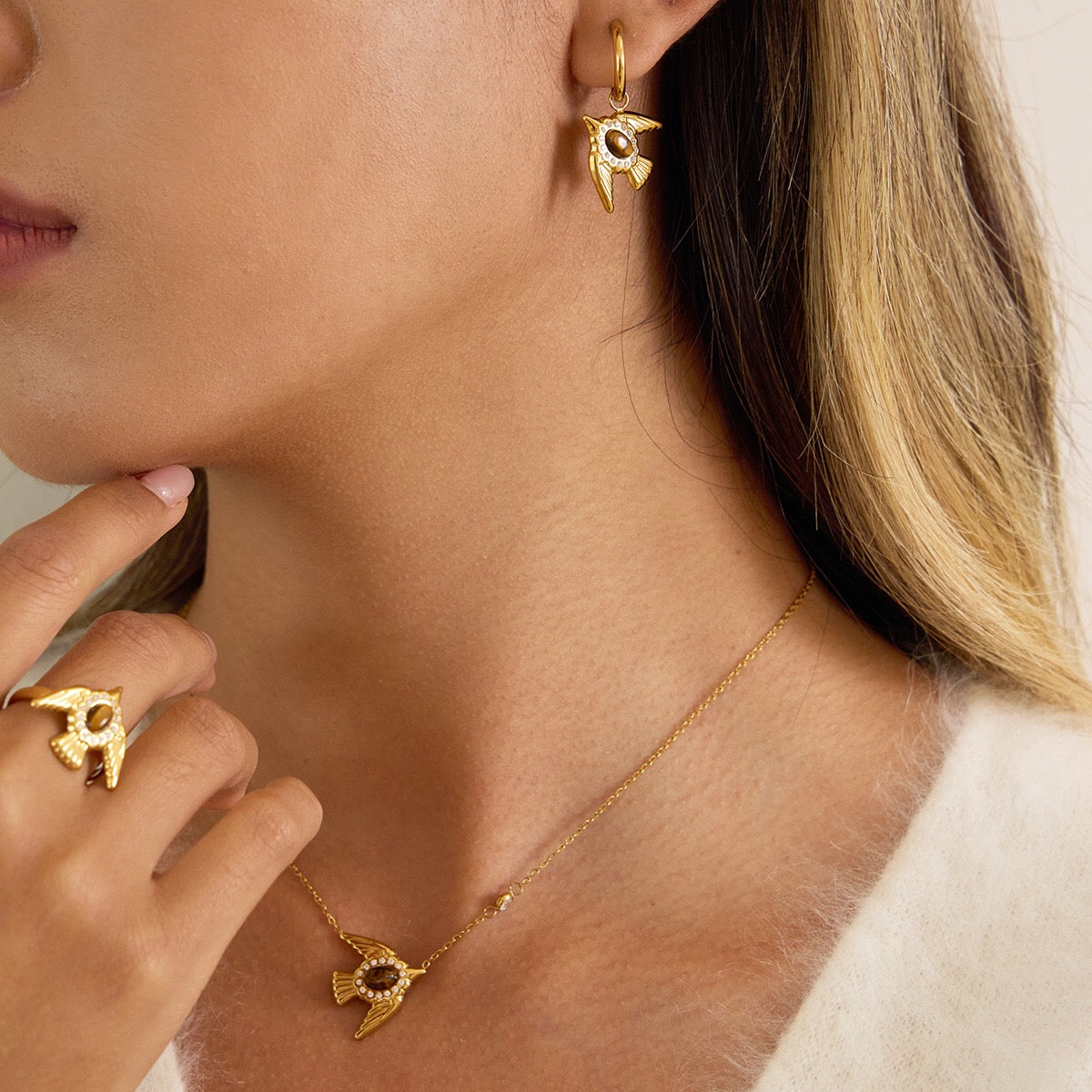 18K Gold Free Spirit Tiger Eye Bird Ring