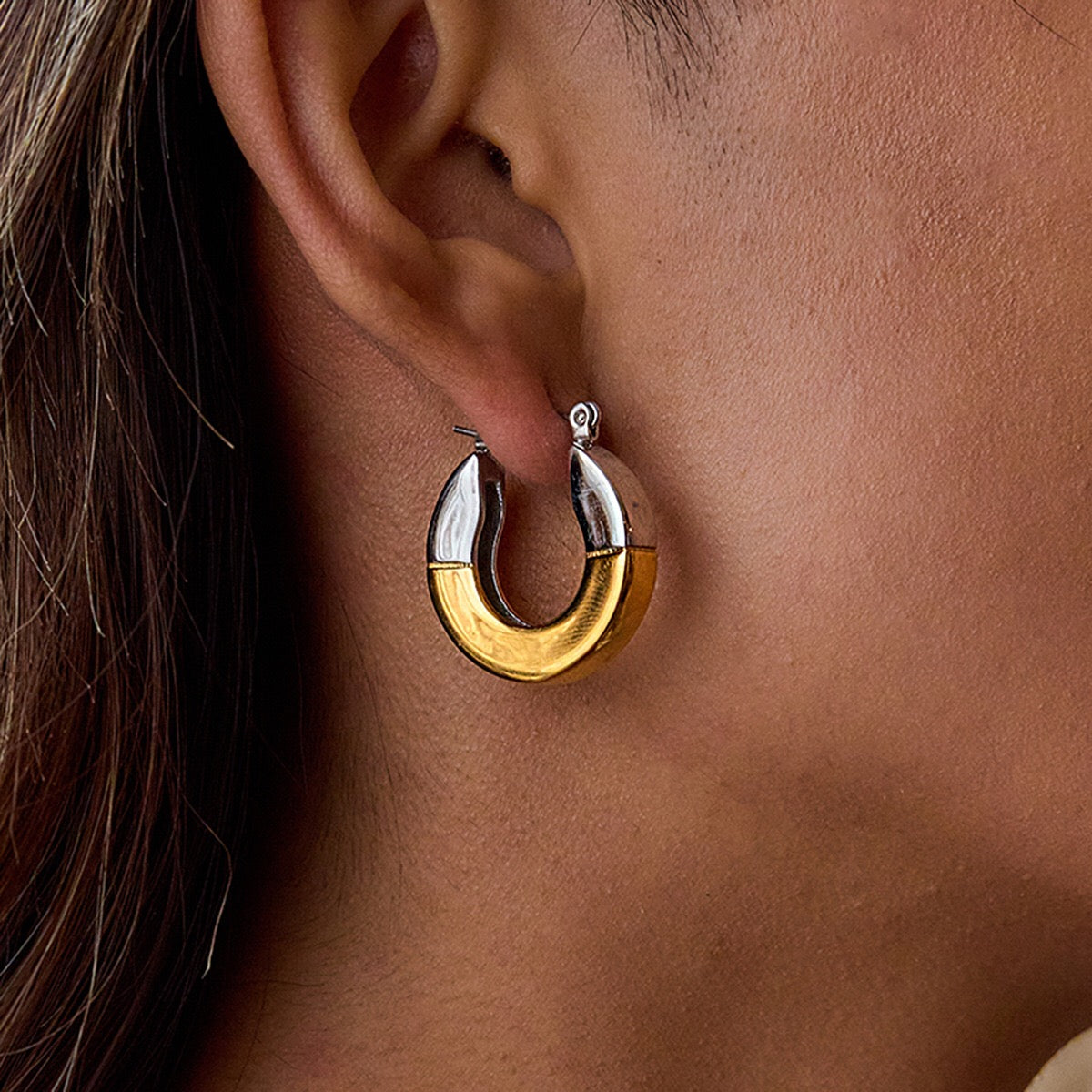 18K Gold and Silver Two Tone Duality Statement Hoop Earrings