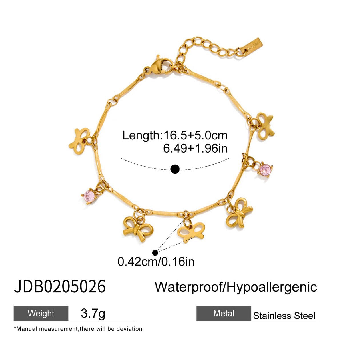 18K Gold Flirt Flower Bow Heart Charm Chain Bracelet Stack