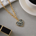 18K Gold Zebra Print Heart Pedant Paper Clip Chain Beaded Pearl Layered Necklace Set